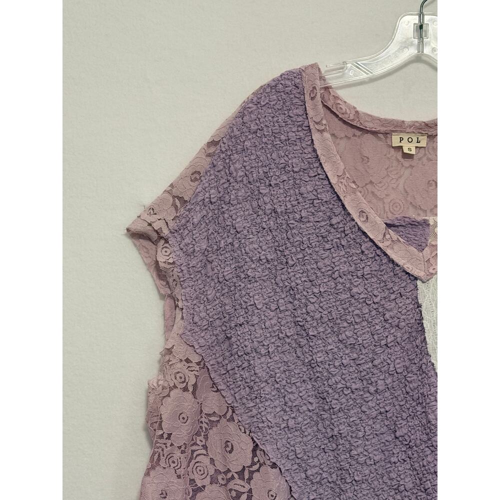 POL Short Sleeve Oversized Patchwork Lace Top Lavender Small Boho Shabby Chic - Picture 3 of 9